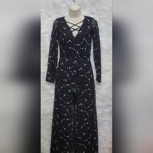 Material Girl Split Front Star Print Mesh Jumpsuit Black XS long sleeve Witchy